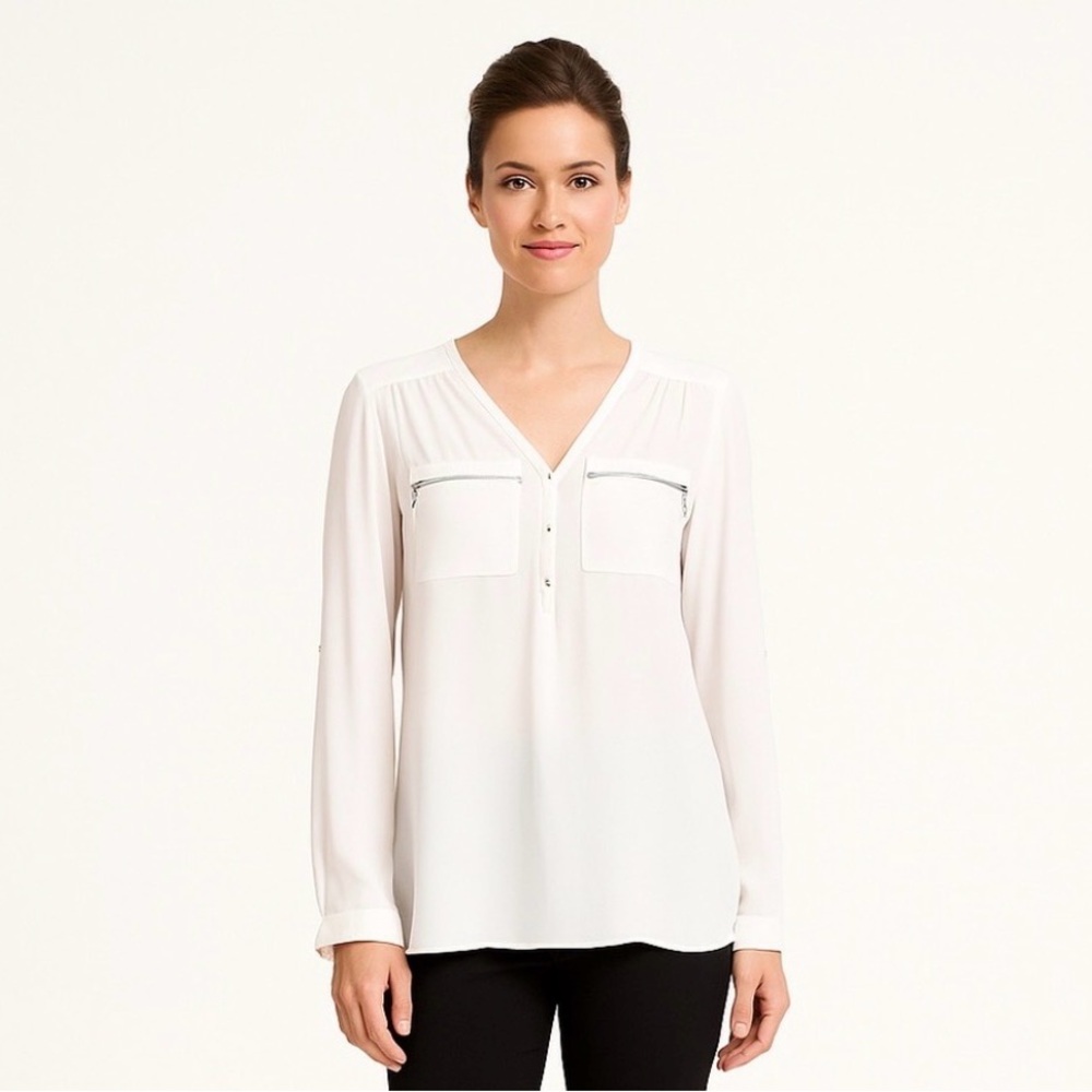 Reitmans | White Blouse with Zipper Pockets and Silver Buttons Relaxed Fit